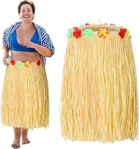 Mepase Falda de hula, talla grande, para mujer, rafia, hierba con flores, 54 x 30 pulgadas, ajustable, natural, hawaiana, hula