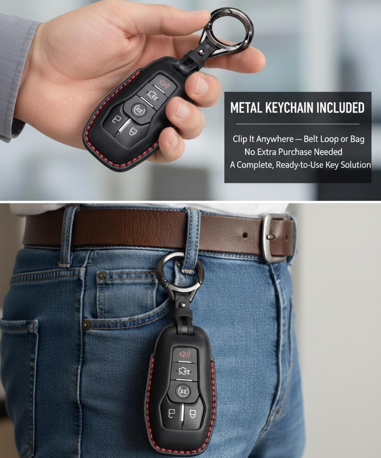 for Ford and for Lincoln Key Fob Cover Leather Car Key Chain Case Holder Compatible for Explorer Mustang Edge Fusion F150 MKZ MKC -Black