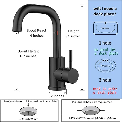 Miniatura 6 de Reimai Grifo de lavabo de baño de un solo orificio, negro mate, grifo de baño moderno de una sola manija de acero inoxidable, boquilla giratoria