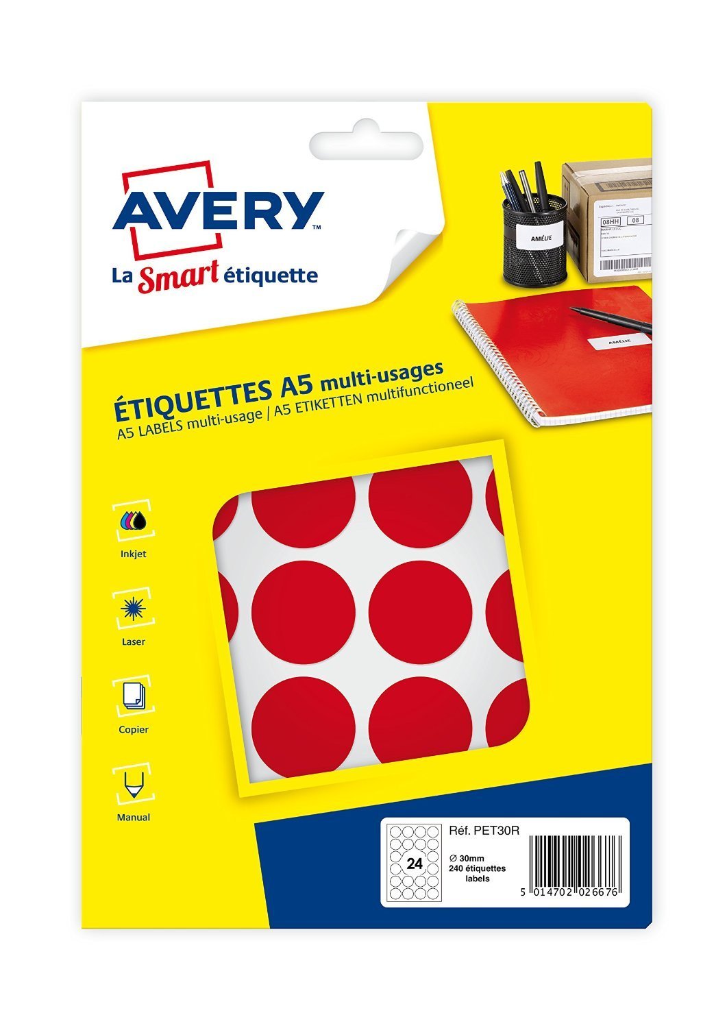 Avery 240 Tablets – Ø30 mm A5 Board – Red (pet30r)