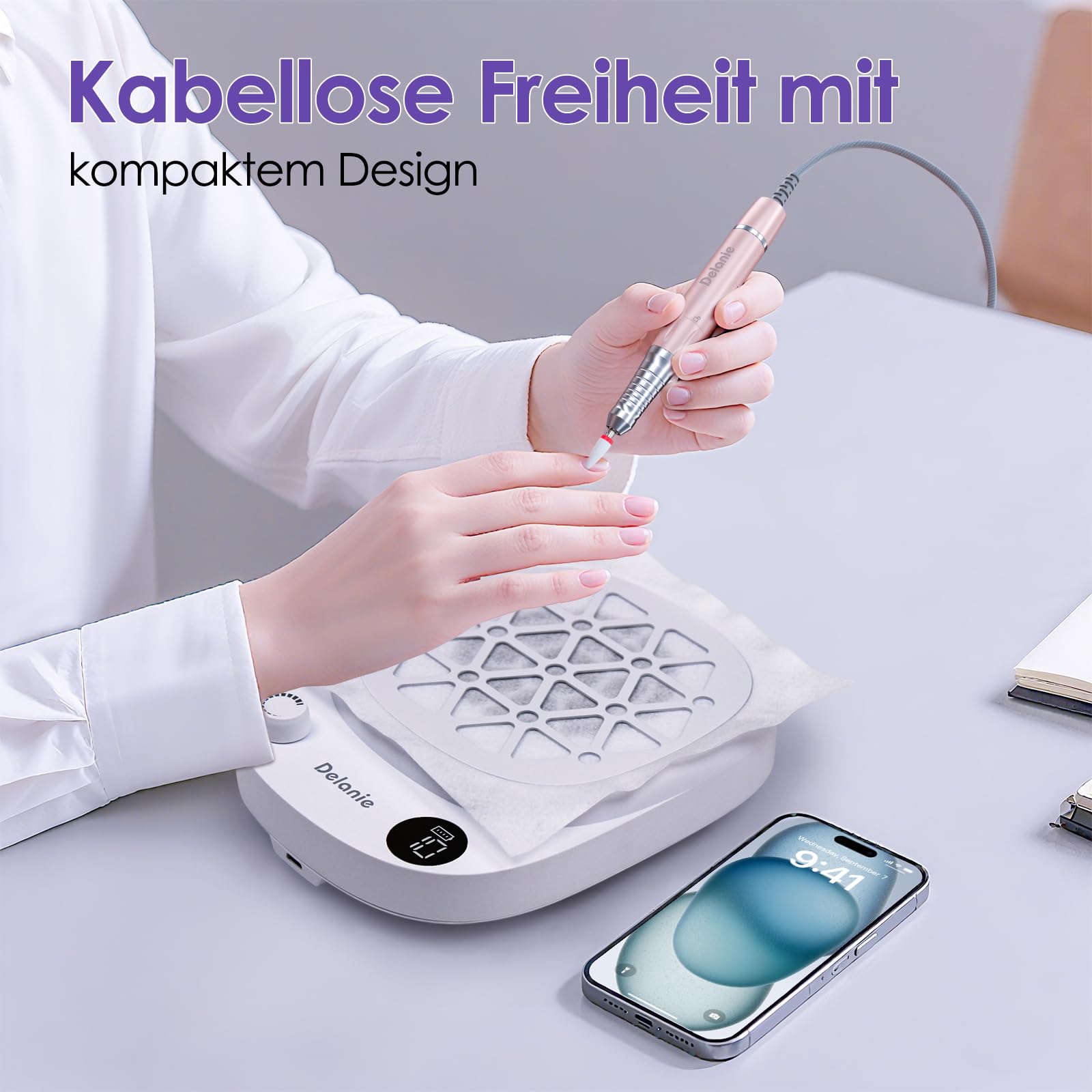 Delanie Nagelstaubsauger mit Filter, Wiederaufladbare Staubabsaugung für Nägel, Kabellose Nagel Staubabsaugung mit Akku, Professioneller Absauger für Gelnägel für Maniküre Pediküre Nagelstudio