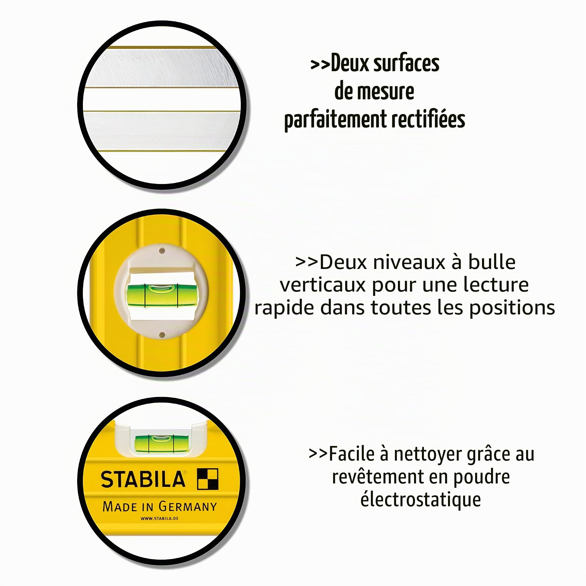 STABILA Niveau Type 196-2 LED, 61 cm, profilé en aluminium extra-rigide, 1 fiole horizontale/1 fiole verticale LED, 1 poignée, embouts amortisseurs, antidérapant, Made in Germany