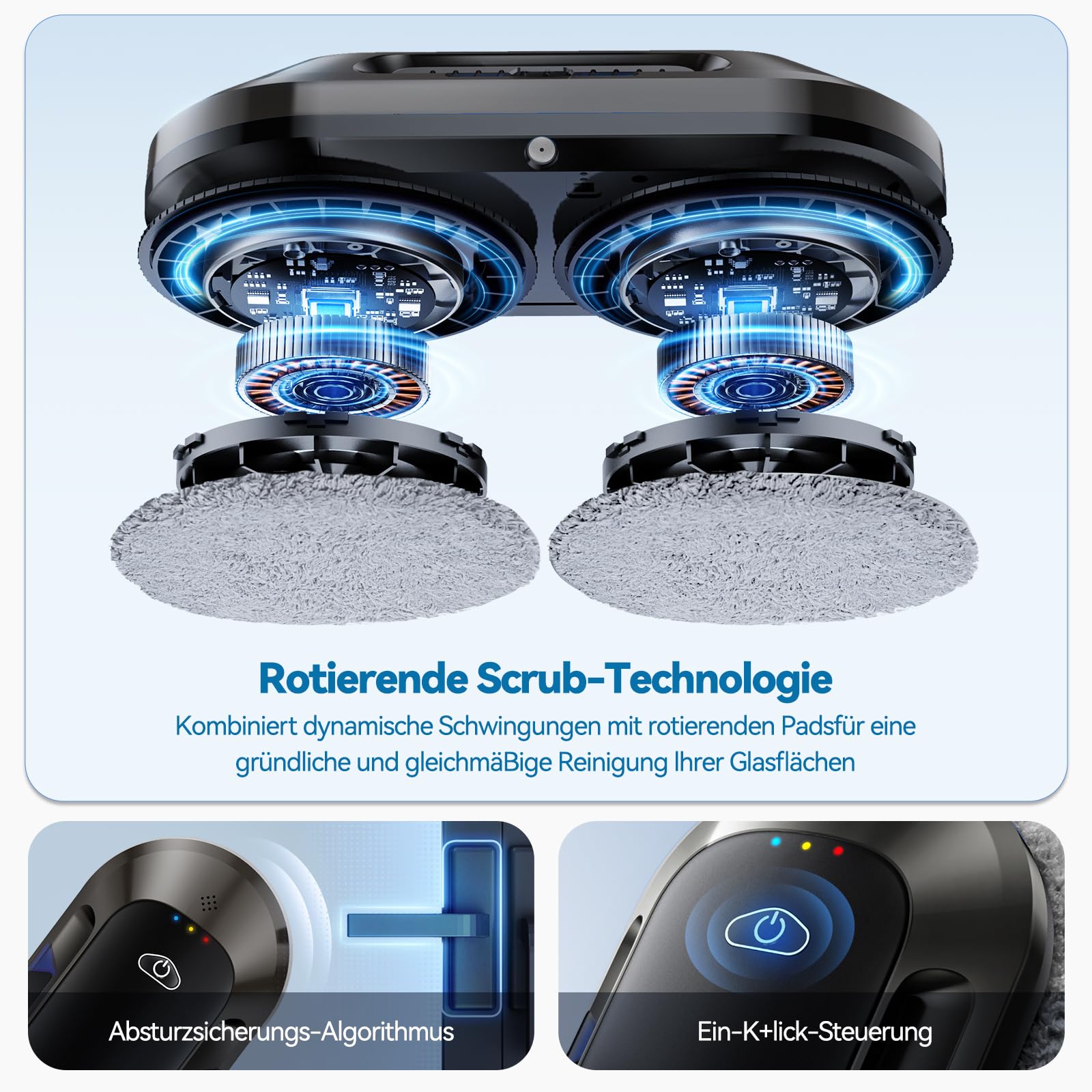 W23D 6500Pa Fensterputzroboter mit Doppeldüsen-Sprühfunktion, Elektrischer Fensterroboter Für Fenster/Fliesen, <65dB, Intelligente Navigation,10 Reinigungstücher, Robot Lave Vitres