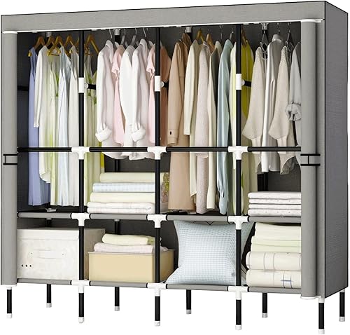 Miniatura 1 de Pokfeic Portable Closet Wardrobe, 64in Wardrobe Closet for Clothes Hanging with 8 Storage Shelves &amp; 4 Hanging Rods, 20mm Steel Non-Woven Fabric