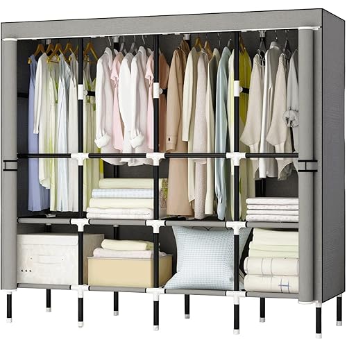 Pokfeic Portable Closet Wardrobe, 64in Wardrobe Closet for Clothes Hanging with 8 Storage Shelves & 4 Hanging Rods, 20mm Steel Non-Woven Fabric Clothes Closet, Clothes Storage Organizer(Gray)