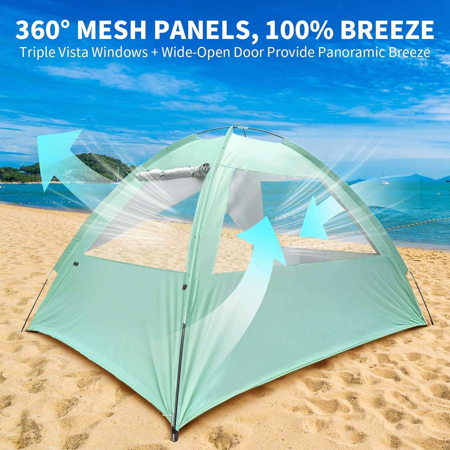 Beach Tent for 3-4 Person, Large Easy Setup Beach Shade Canopy with UPF 50＋ UV Protection, Portable Shade Tent with 3 Ventilating Mesh Windows for Outdoor, Picnics, Fishing