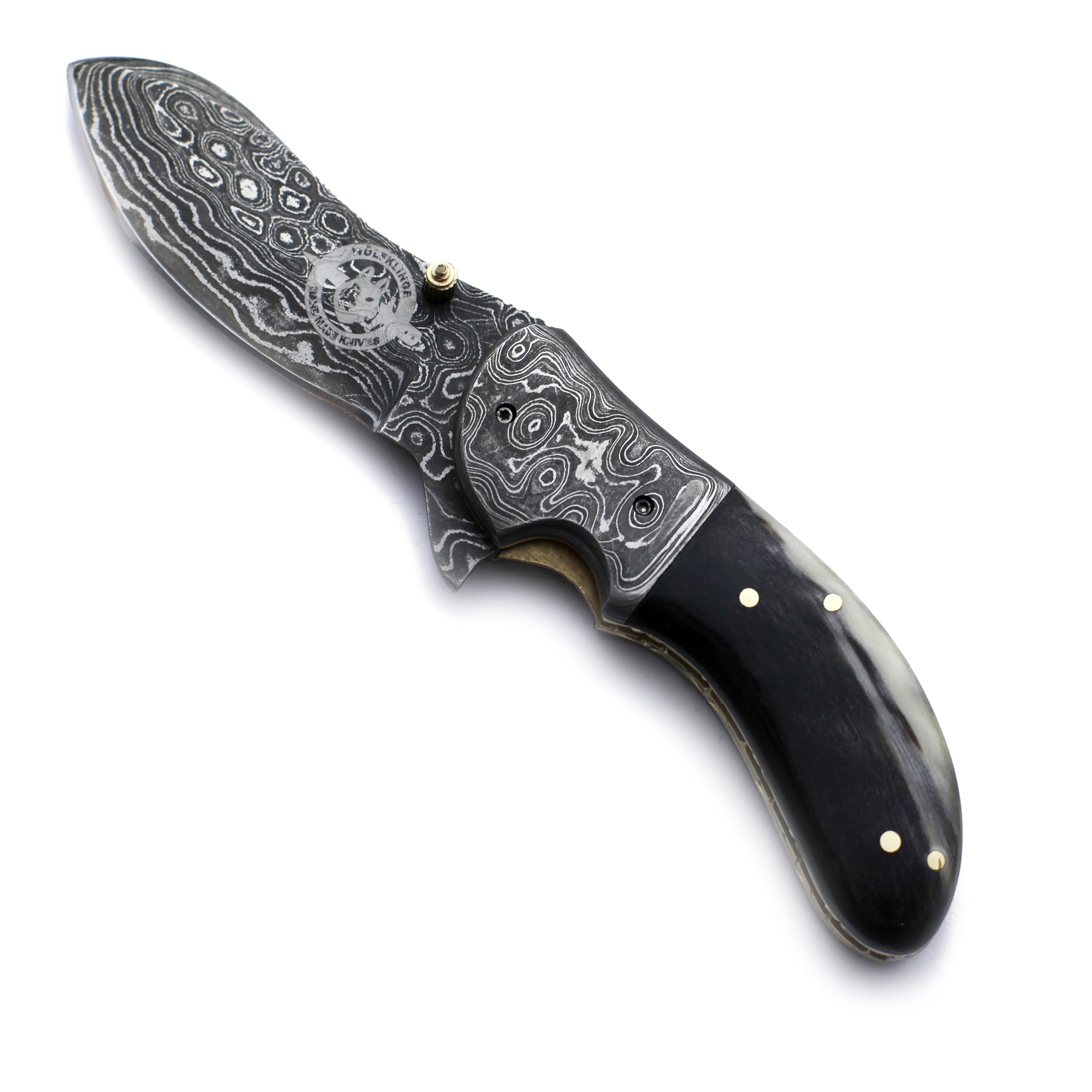 WÖLFKLINGE Damascus Handmade Folding Pocket Knife – The Ultimate EDC for Hunting, Survival, Camping, and Fishing with Full Tang Micarta Handle and Luxurious Cowhide Leather Sheath.