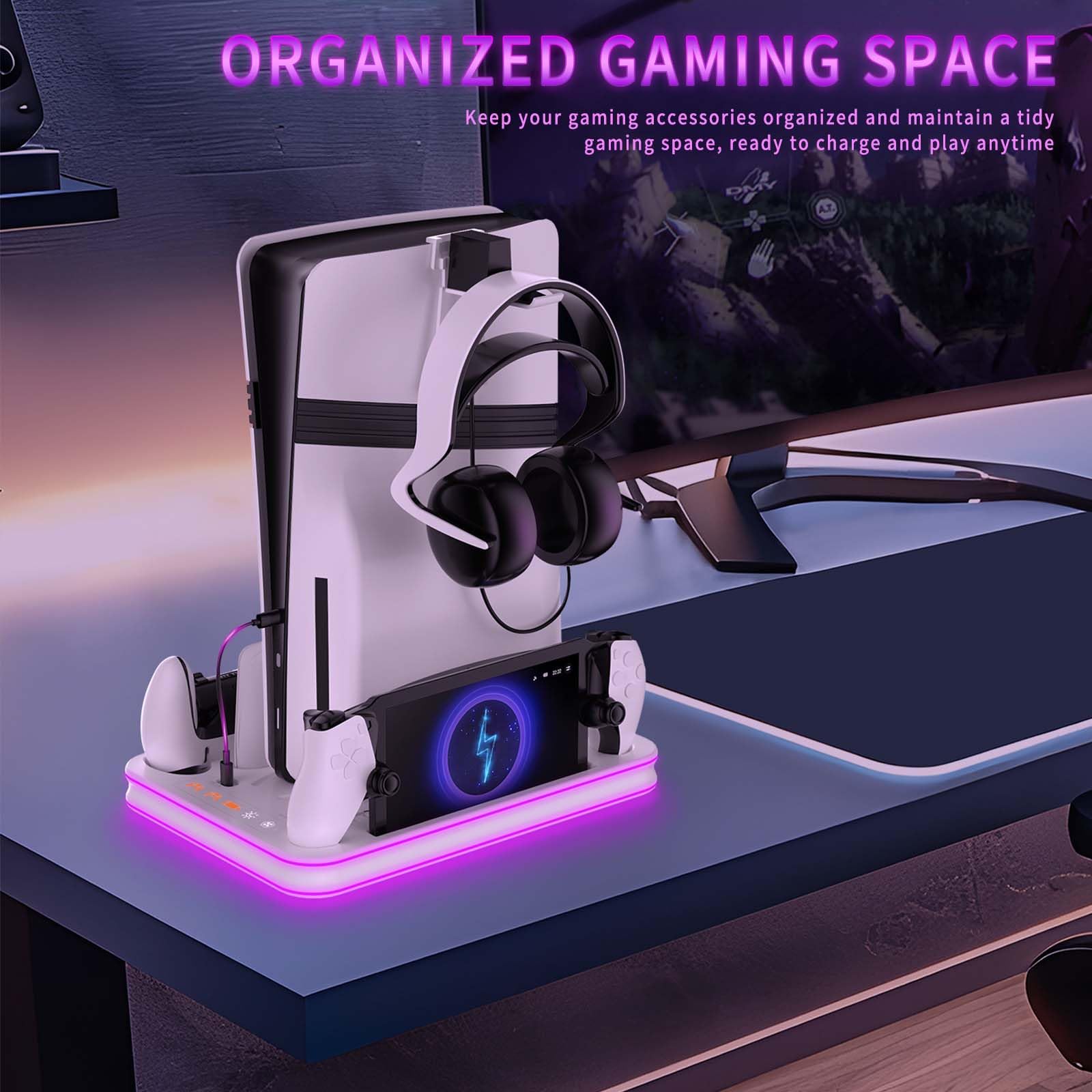 Supporto per PS5/Slim/Pro con Ventola di Raffreddamento Regolabile, Base di Ricarica Joystick per PS5 con RGB, Stazione di Raffreddamento Multifunzionale PS5 Slim con Caricabatterie