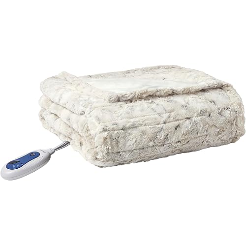Beautyrest Zuri Reversible Faux Fur to Mink Electric Blanket,Auto Shut Off, Virtually Zero EMF, Multi Heat Setting,UL Certified, Machine Washable, Snow Leopard Throw 50" x 70",100% Microfiber