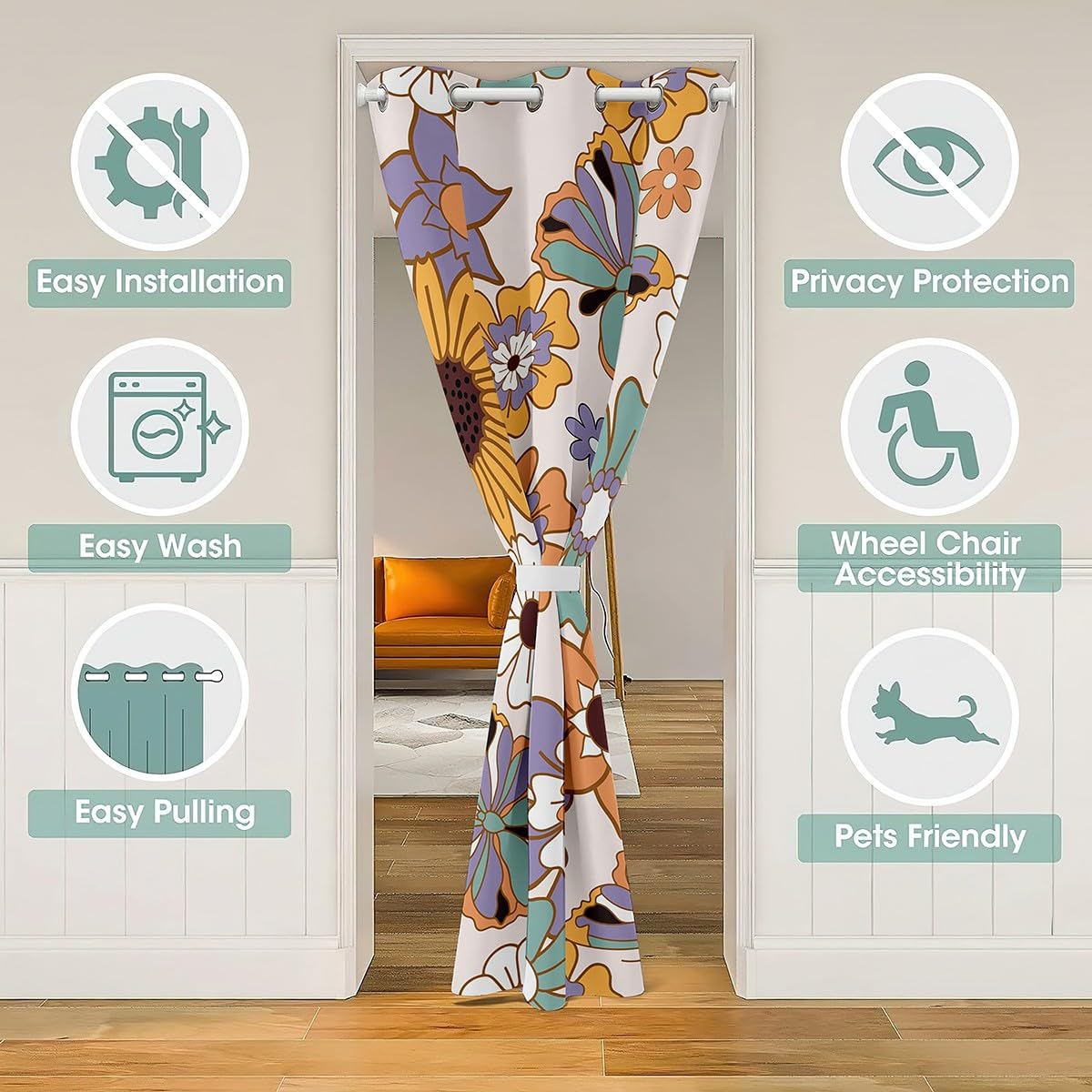 Homemissing Retro Flower Door Curtain for Privacy 106x203cm Butterfly Closet Door Cover Curtain for Bedroom 60S 70S Groovy Floral Blossom Butterflies Print Room Divider Curtain Green Window Treatment - Image 3