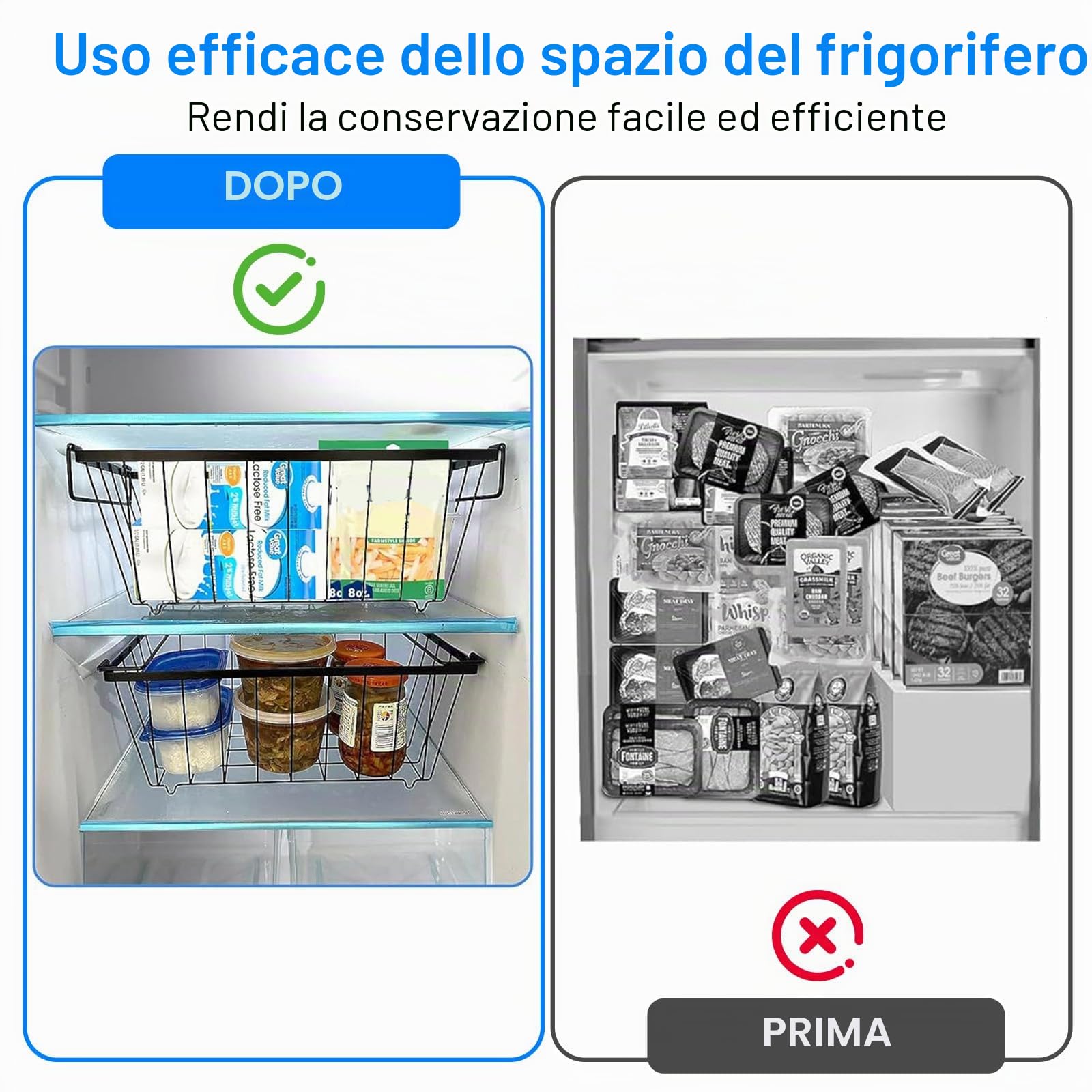 6 Pezzi Cestini per Congelatore, Maniglia Impilabile Cestini Congelatore per 198L Congelatore Organizzare Gli Ingredienti Congelati, Facile Accesso (37x18x15cm)
