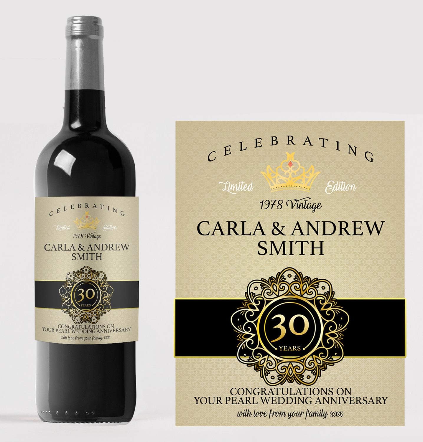Personalised 30TH Pearl Anniversary Red Wine Bottle Label, Any Wording