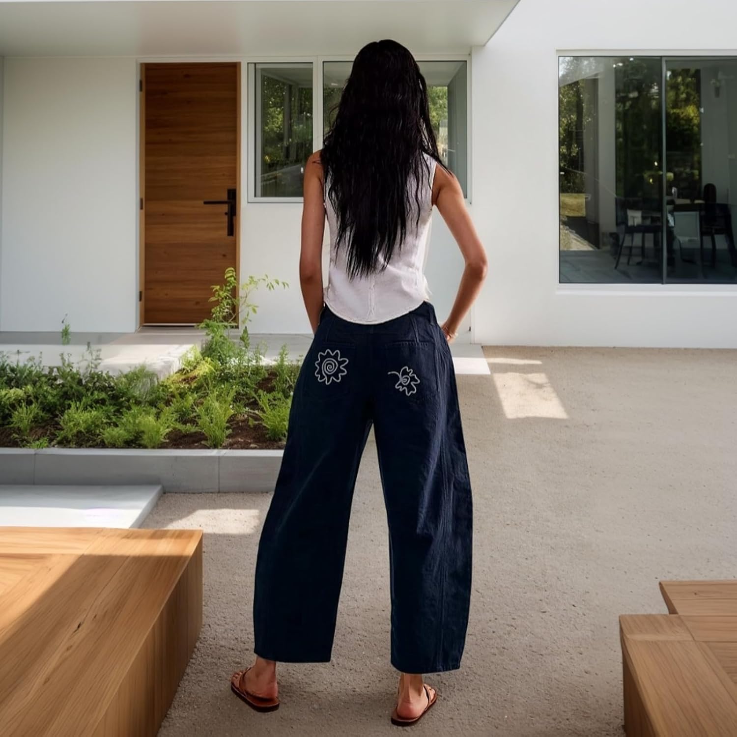 Embroidered Jeans for Women Barrel Pants Baggy Jean Y2k Boyfriend Cheetah Print Mid Rise Denim Ankle Pants - Image 4