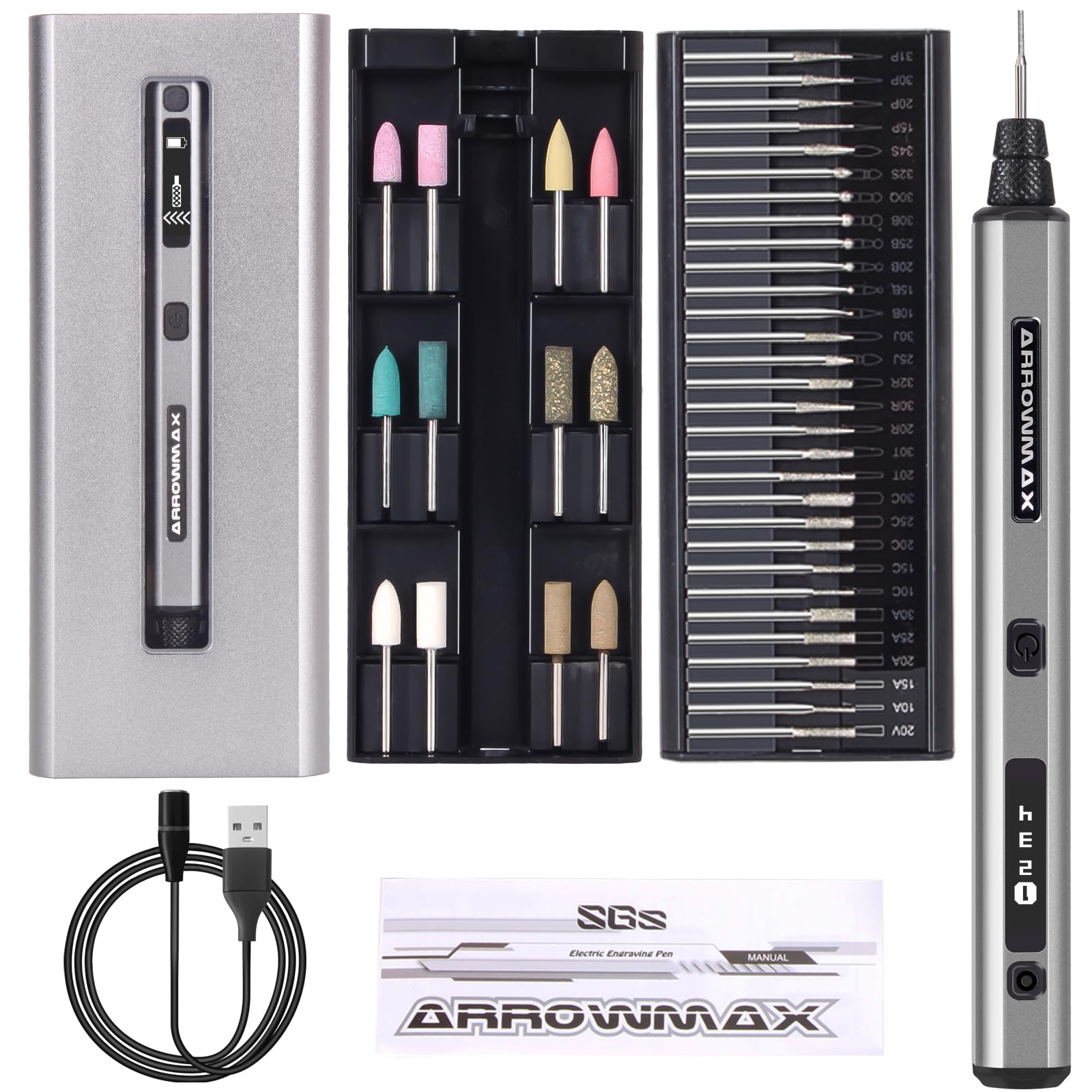 Mini bolígrafo de grabado eléctrico ARROWMAX, motor HollowCup, 42 brocas con carcasa de aluminio, OLED, carga magnética, miniherramienta rotativa, para joyería, metal, madera, vidrio, plástico (SGS)