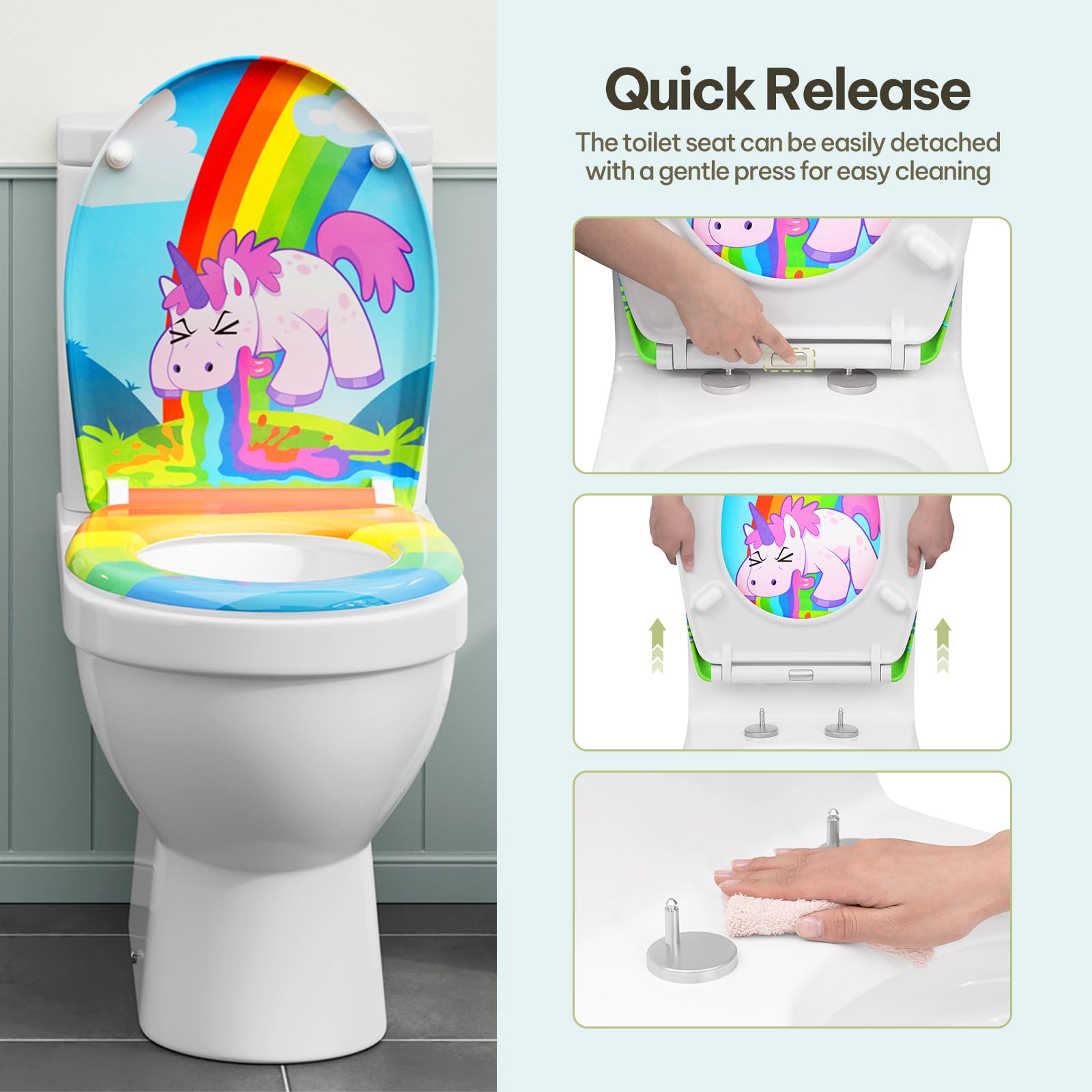 eSituro Toilettendeckel, WC Sitz mit Absenkautomatik, Klodeckel mit Schnellverschluss, 360° verstellbaren Scharnieren, Klobrille aus Duroplast, Regenbogen- und Einhorndruck