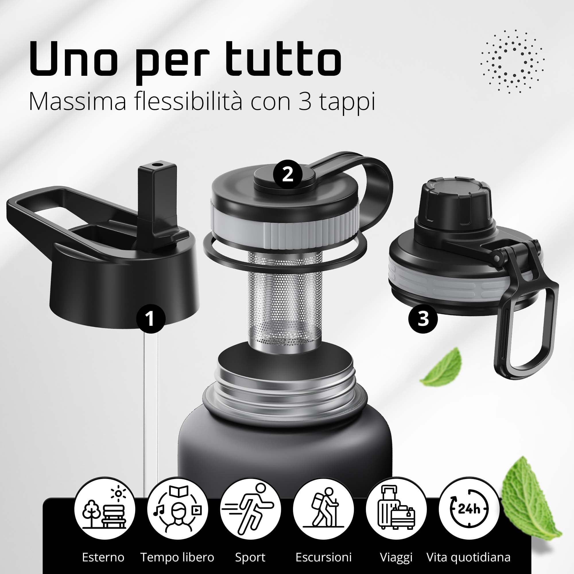Bottiglia Acqua Termica INOX ACTIVE FLASK + Cannuccia (3 Tappi), Senza BPA, 1l/500ml | Borraccia Isotermica Acciaio - Caldo/Freddo, Ufficio Outdoor Sport Bicicletta viaggio fitness, Caffe Te
