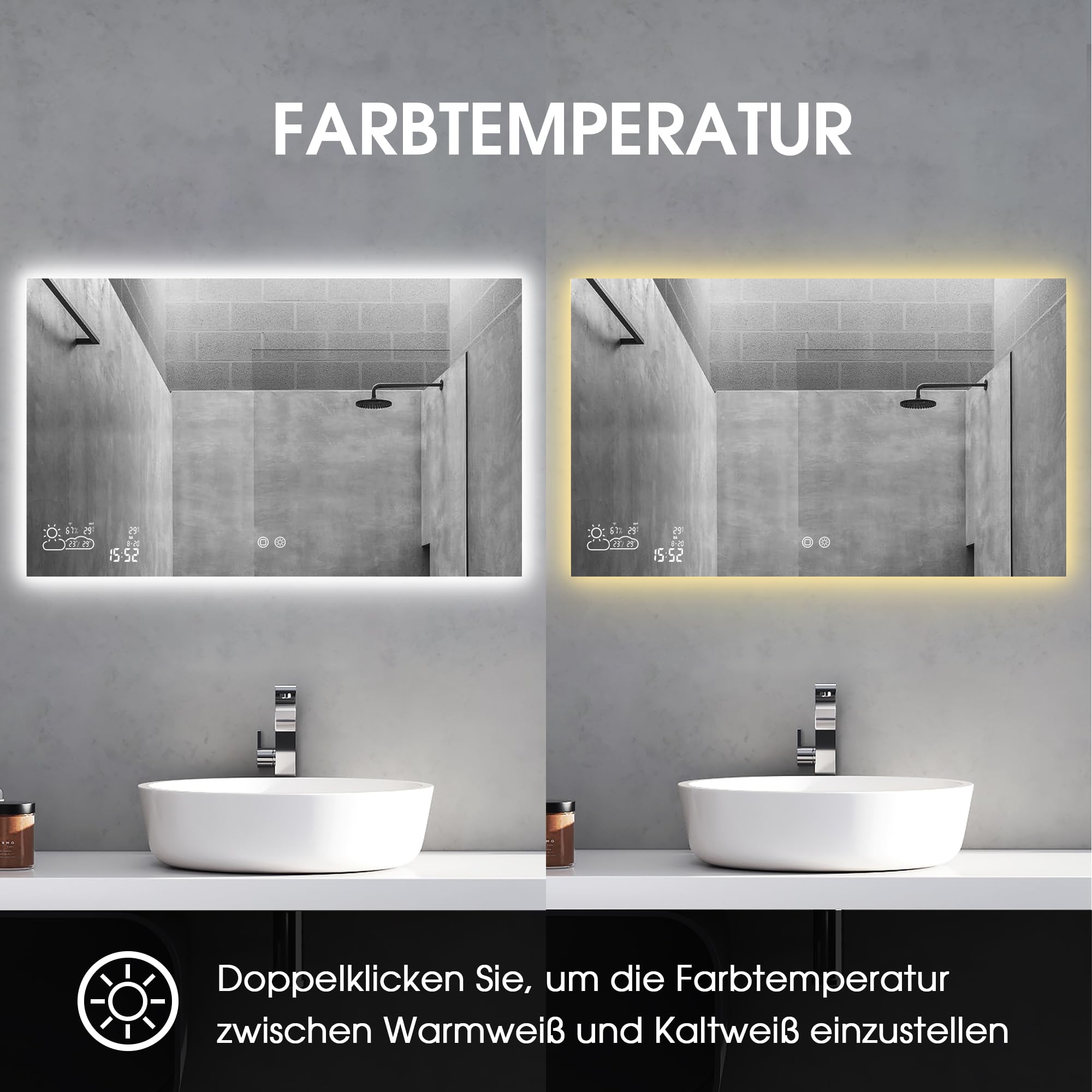 byecold Badspiegel mit LED Beleuchtung 100x60CM, Spiegelheizung mit Wetterstation, WiFi & Touch-Schalter, Bad Beschlagfrei Spiegel Heizung, Horizontal