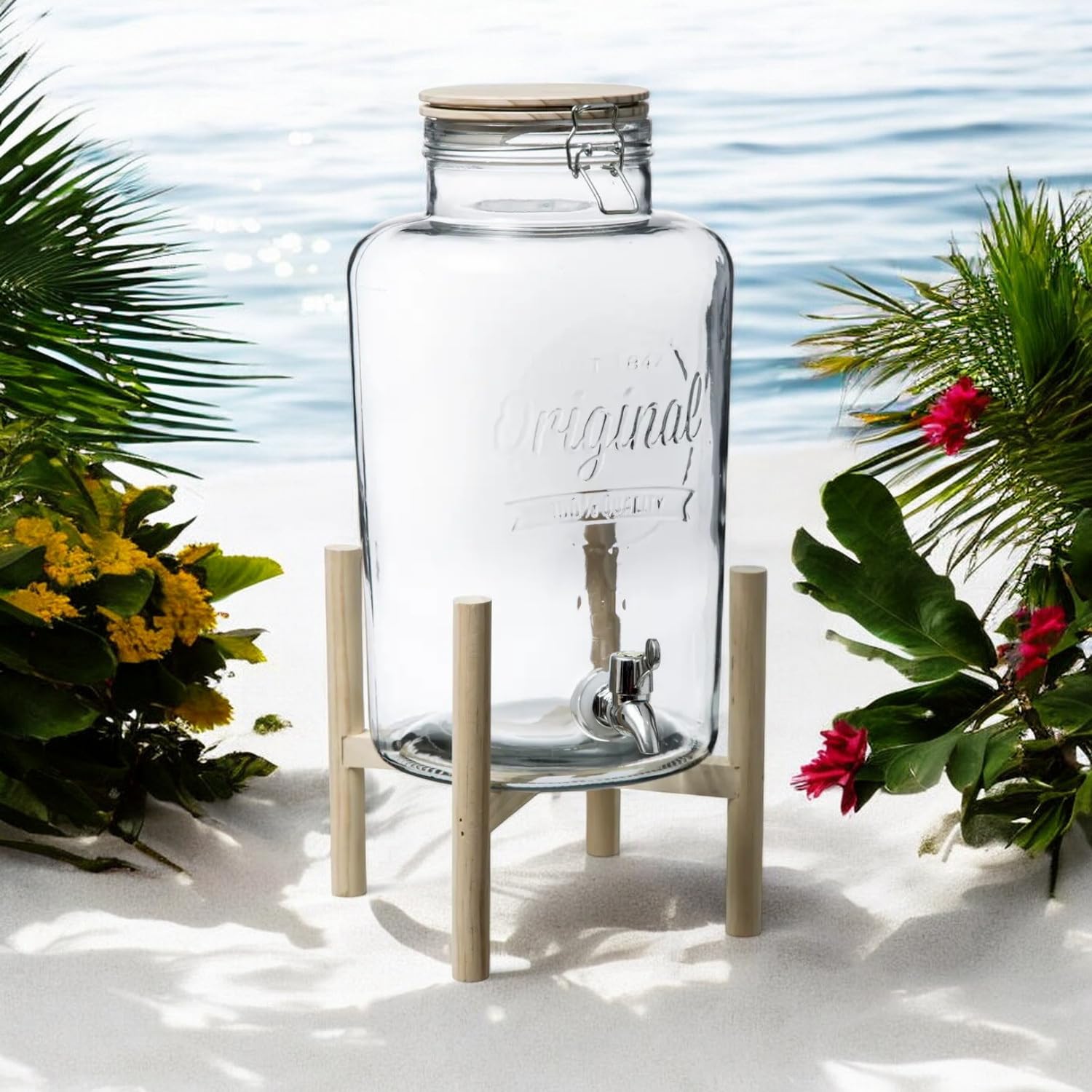 Distributeur Boisson avec Support et Robinet 8 L - Fontaine à Eau et Cocktail - Bol à Punch - Jarre en Verre pour Limonades - Bonbonne - Bocal pour Sublimez vos Fêtes et Anniversaires