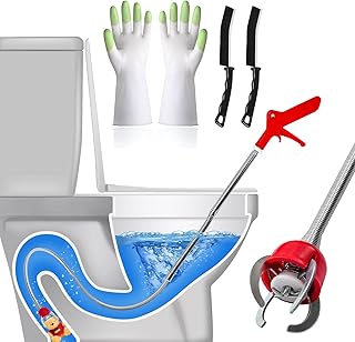 51 Inch Toilet Auger Snake with 4 Claw Grabber Fits Pipes 1.6 Inches or Larger Flexible Clog Removal Tool for Toilets and Drains Includes Gloves and Cleaning Brushes