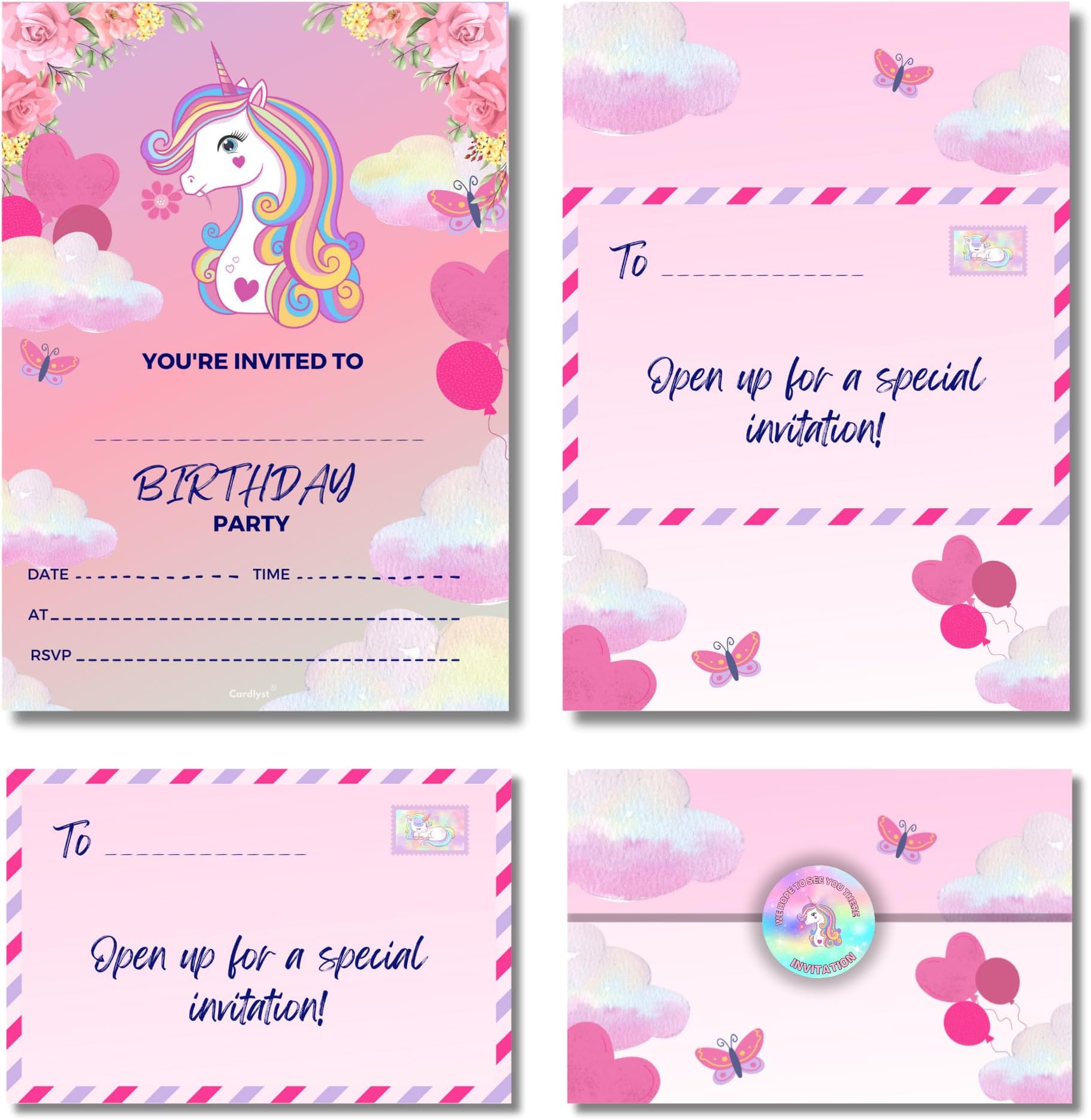 24-32 Kids Childrens Unicorn Birthday Party Invitations Kids Invites with Folding Envelope Design and Stickers Pack of 24-32 Invites for Boys and girls - Printed and designed in UK!… (24)