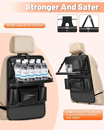 Miniatura 6 de Paquete de 2 organizadores de cuero para asiento trasero de automóvil con bandeja de mesa plegable, gancho para bolsa de basura, alfombrillas