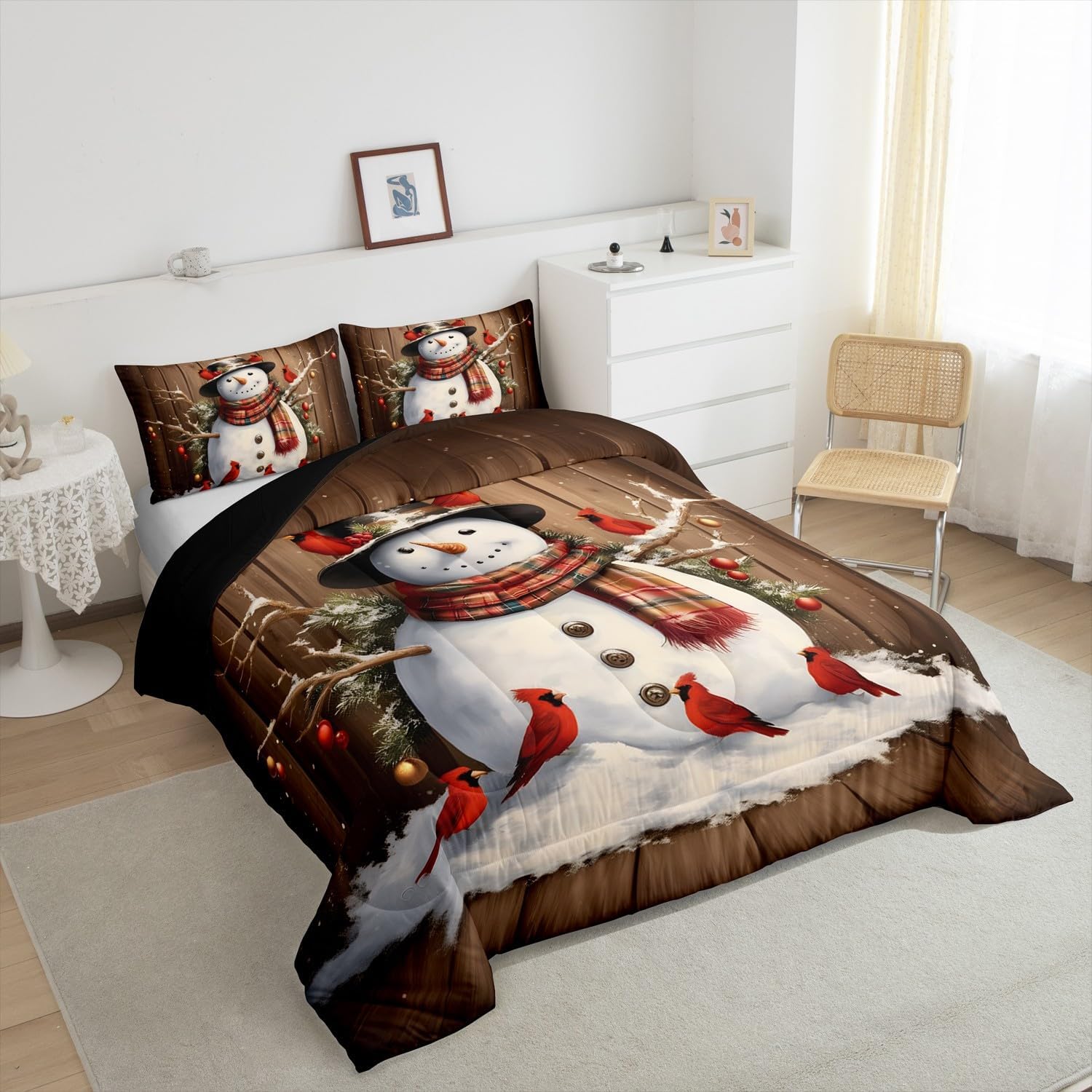 Feelyou Christmas Snowman Bedding Set Queen Size Xmas Cute Snowman Comforter Set for Kids Boys Girls Teens Red Bird Duvet Set Brown White Quilt Set 3Pcs