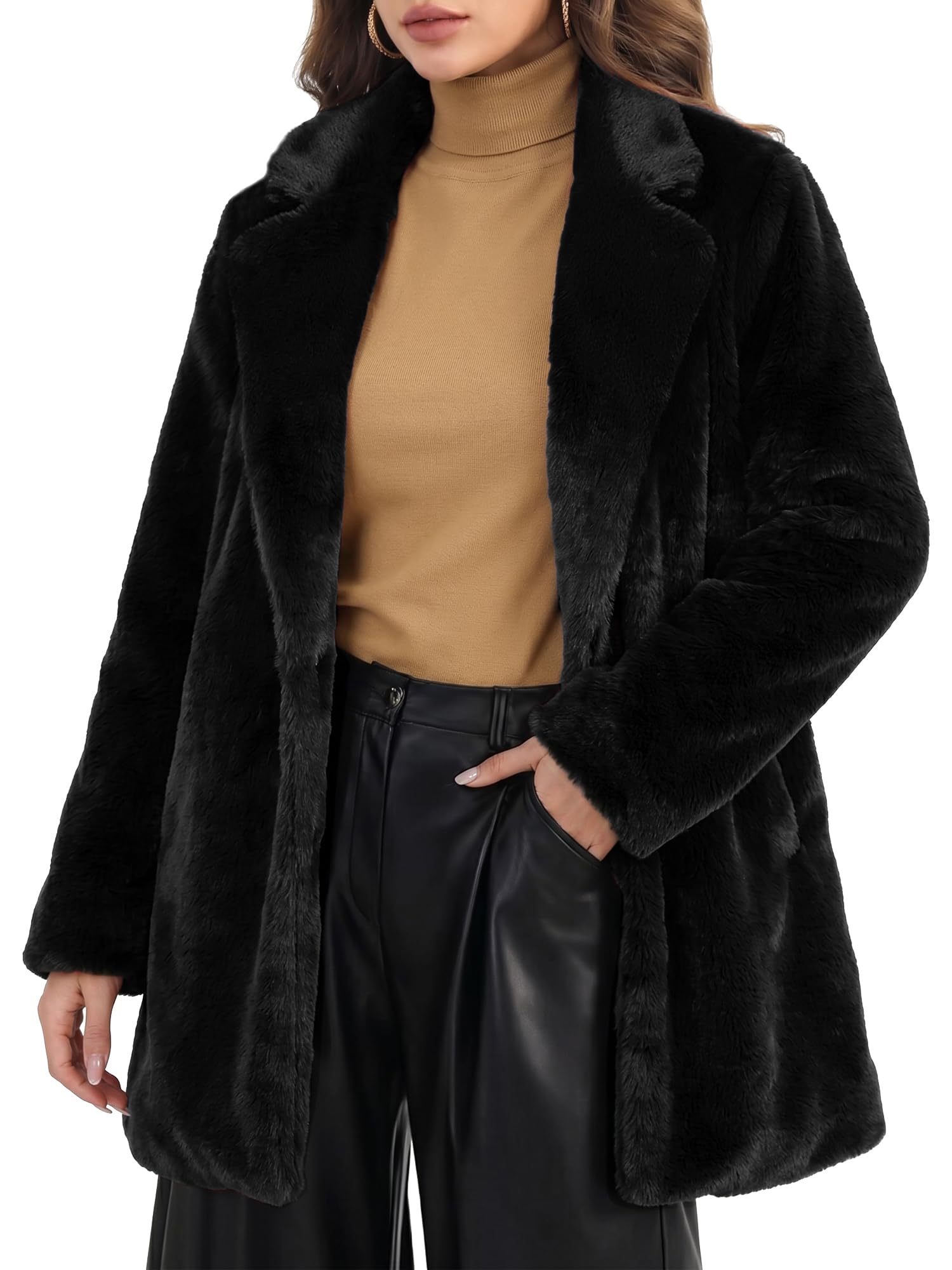 allegra k Women's Faux Fur Coat Lapel Warm Overcoat Winter Open Front Casual Long Fluffy Jackets-picture-23