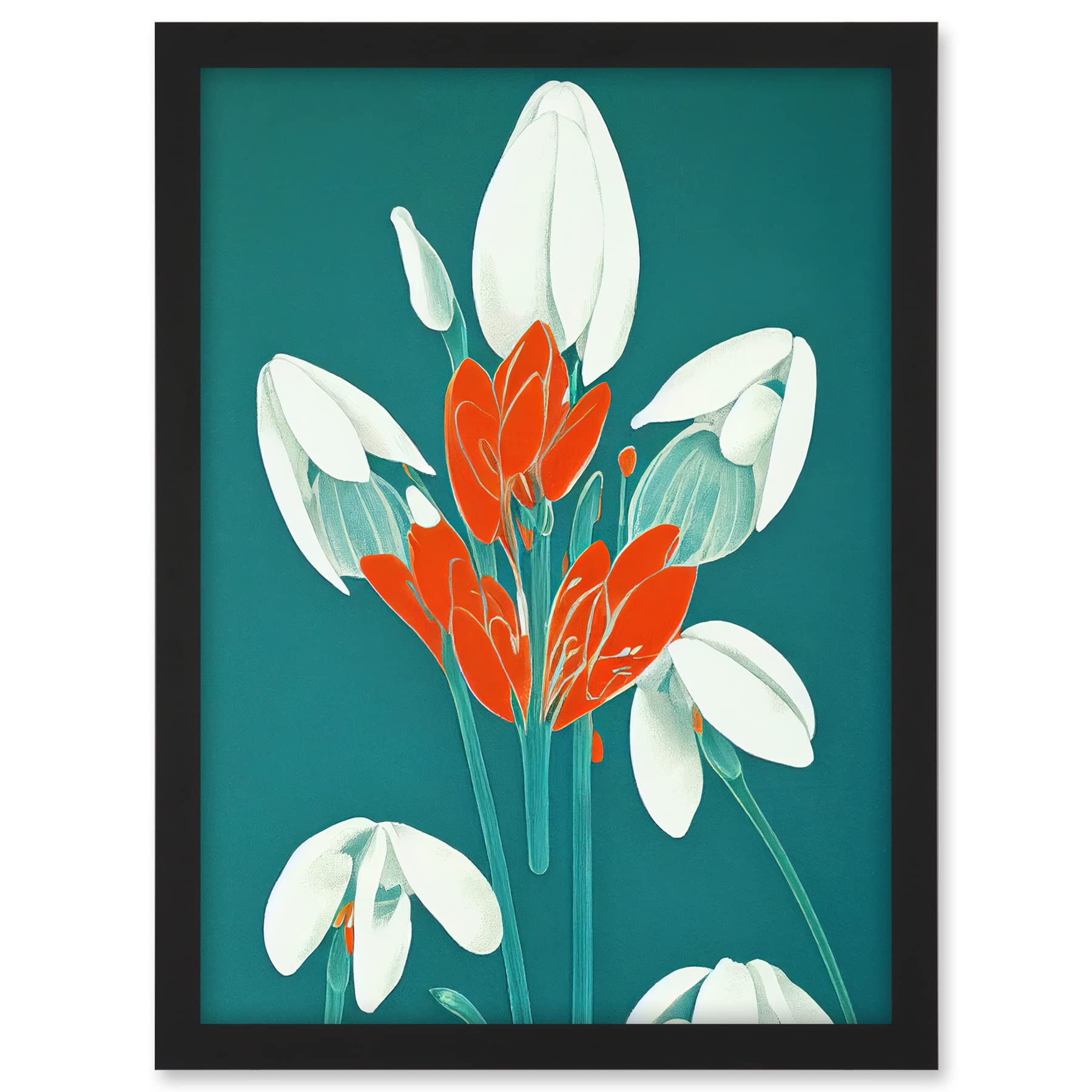 Wee Blue Coo Abstract Snowdrops Red Flowers on Teal Retro Mid Century Style Artwork Framed A3 Wall Art Print