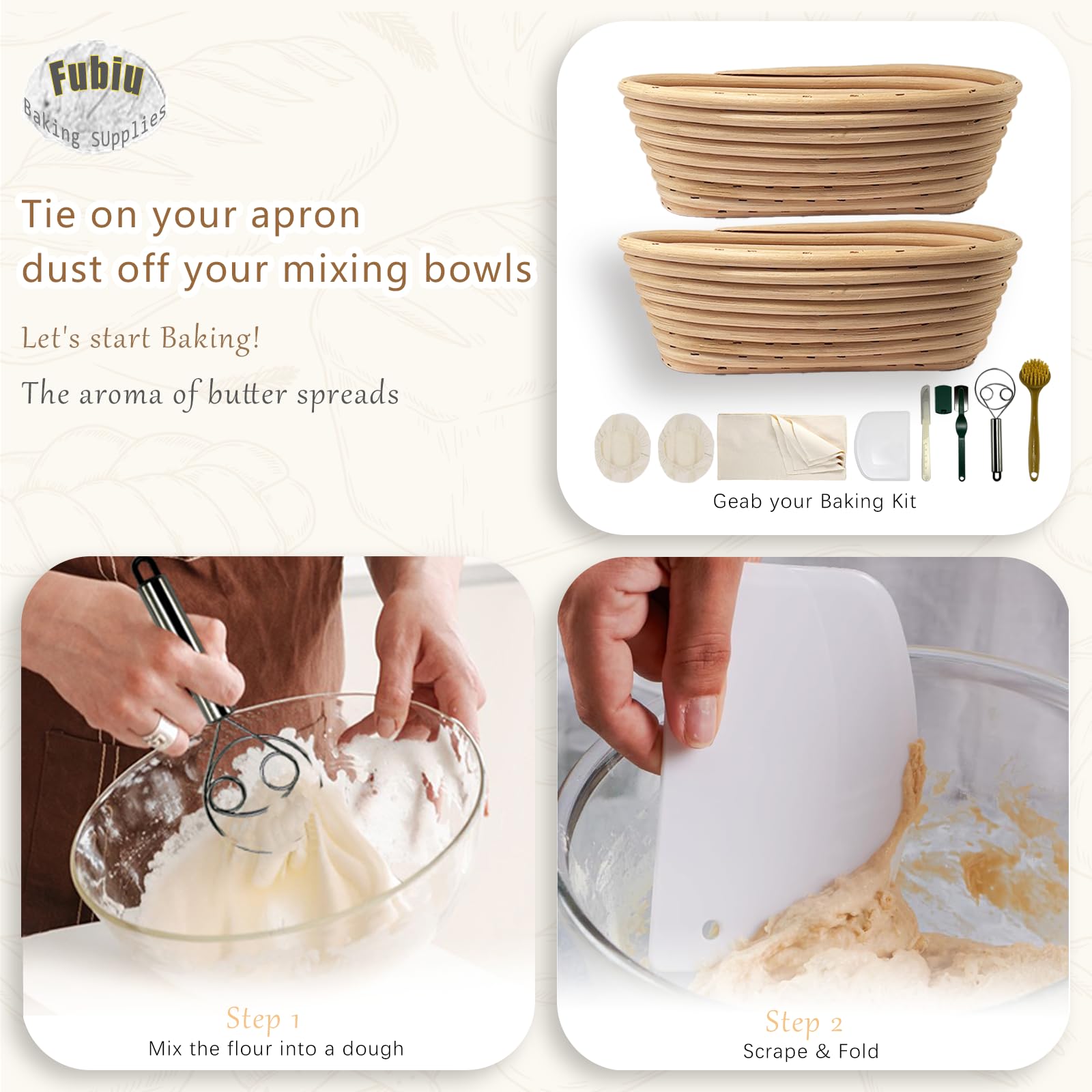 Banneton en rotin naturel, kit de panier à pain au levain, panier ovale de 5,1 x 25,4 cm avec outils de pâtisserie pour la fabrication du pain, kit de démarrage de pâtisserie, panier à bannier,