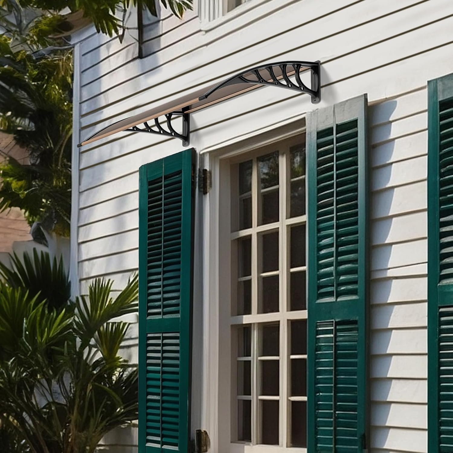 Garvee Marquesina Exterior de Policarbonato Tejadillo para Puerta y Ventana Cubierta Protectora contra Lluvia Nieve y Rayos UV Diseño Moderno Arqueado para Fachada (Marrón, 80x120cm)