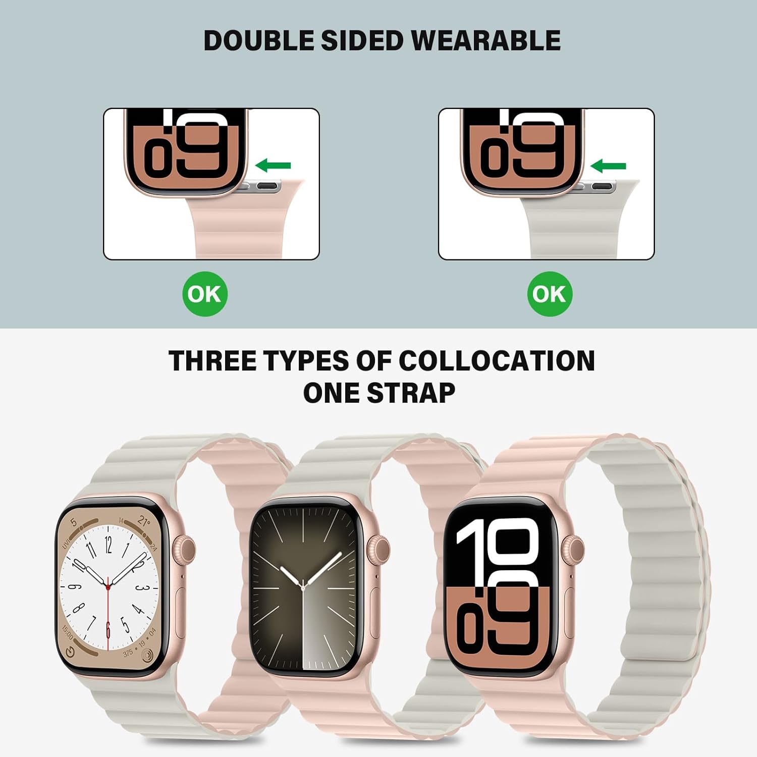 Bisikor Compatible with Apple Watch Band 49 46 45 44 42 41 40 38mm, Double Sided Wearable Silicone Magnetic Strap for iWatch Ultra SE Series 11 10 9 8 7 6 5 4 3 2 1 (38/40/41/42, Pink/Beige)