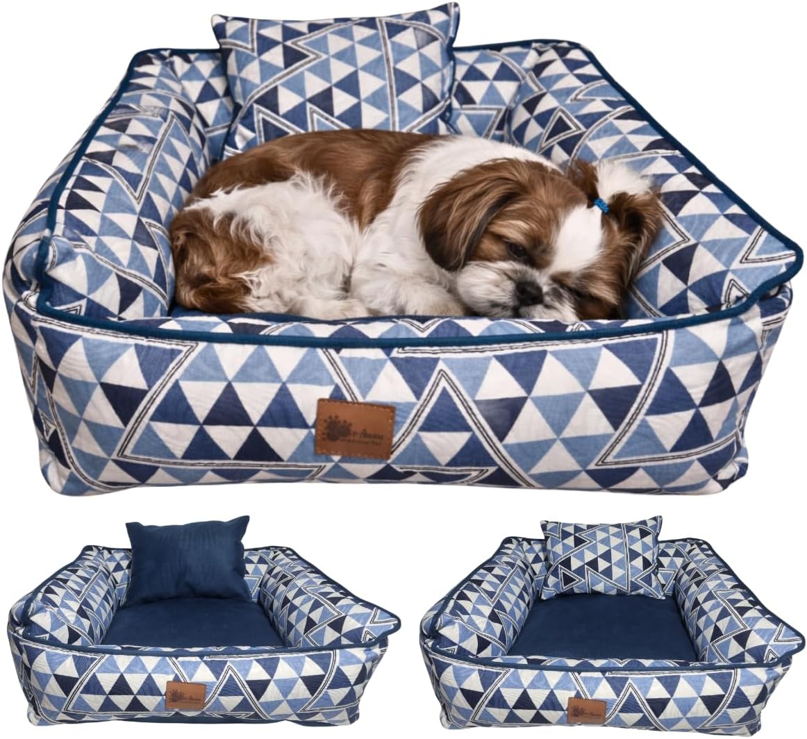 Cama Quadrada, Cachorro e Gato, Pet, Luxo, Zíper e Enchimento Removível para Lavagem, Suede, Macia, Tamanhos P/M/G (Azul, Médio)