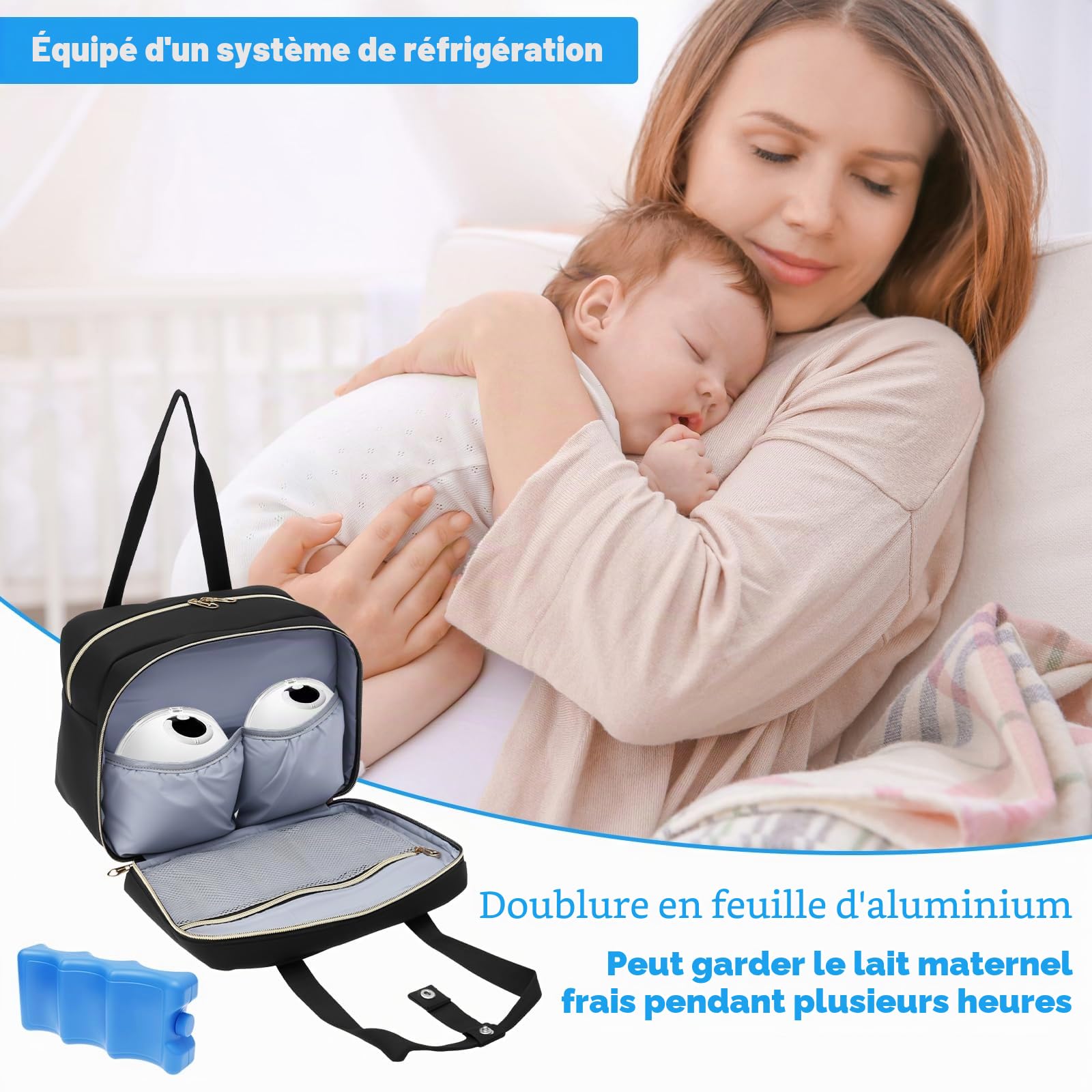 Sac Isotherme Tire Lait 29x21.5x14cm pour Tire-Lait Maternel avec Sac à Glace et Tapis étanche Sac Portable Tire Lait pour Tire-Lait et Accessoires