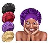 4Pcs Silk Satin Bonnets for Sleeping - Elastic Wide Band Wrap for Black Women Men,Silk Bonnets for Curly Hair,Large Hair Cap for Sleeping (Black+Wine Red+Purple+Brown)