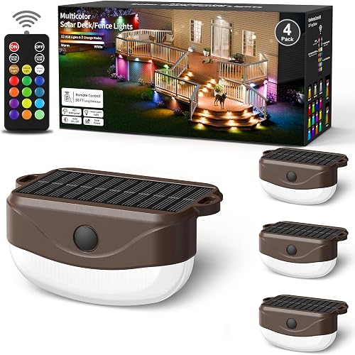 Solar Fence Lights with Remote, 15 Multi Colors Solar Powered Outdoor Step Lighting, IP67 Waterproof Led RGB Colors Lamp for Outside Fence/Deck/Step/Stair Railing/Wall/Patio/Pool, 4 Pack