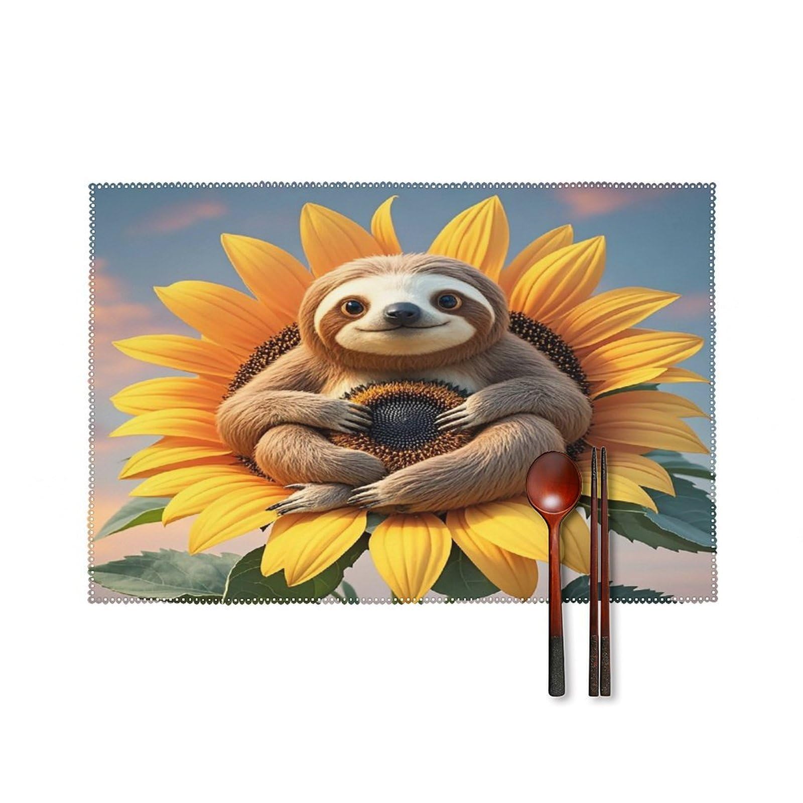 Sloth Sitting on Sunflower Placemats Set of 6 Washable Farmhouse Dining Table Mat Non Slip Heat Resistant Non-Slip Place Mats Easy Clean Table Protective Placemats for Indoors & Outdoors