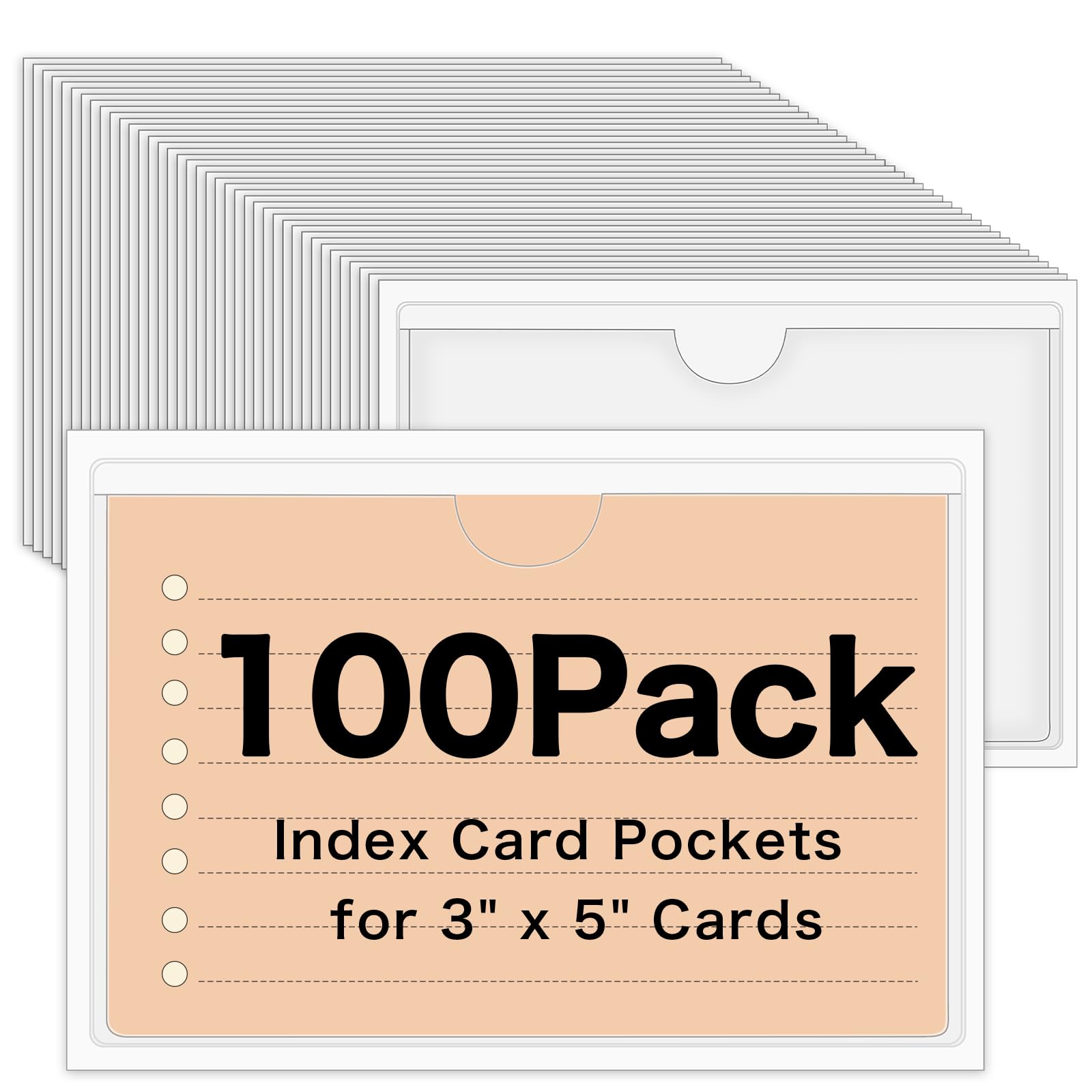 100 Pack Self-Adhesive 3" x 5" Index Card Pockets with Top Open for Loading, Clear Plastic Index Card Lables Holder for Organizing Storage Bins and
