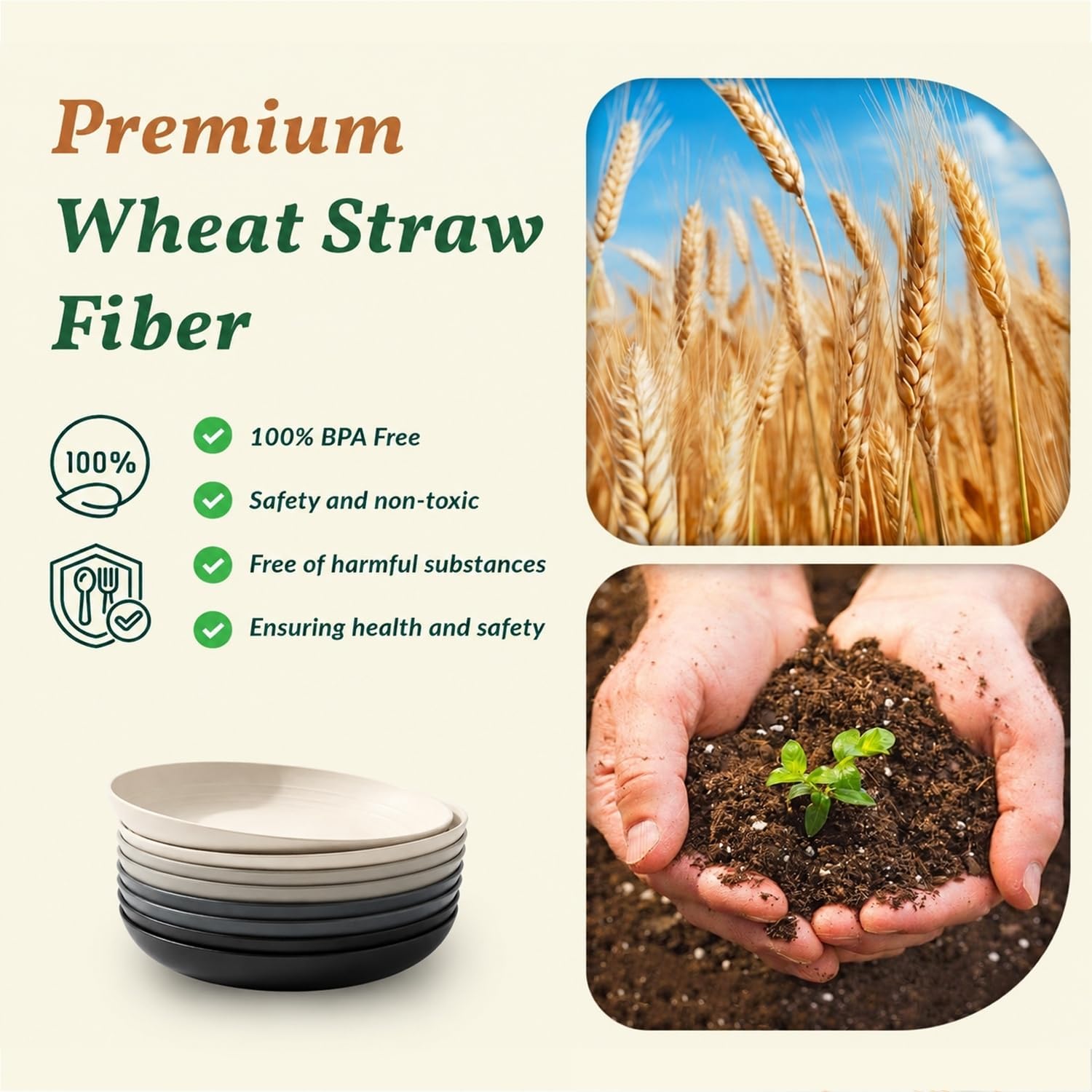 Homienly Wheat Straw Plates Set of 8, Reusable Lightweight and Unbreakable 9 inch Plates, Premium Microwave and Dishwasher Safe Plates for Kitchen, Camping, Picnic, Party - GreyStone thumbnail