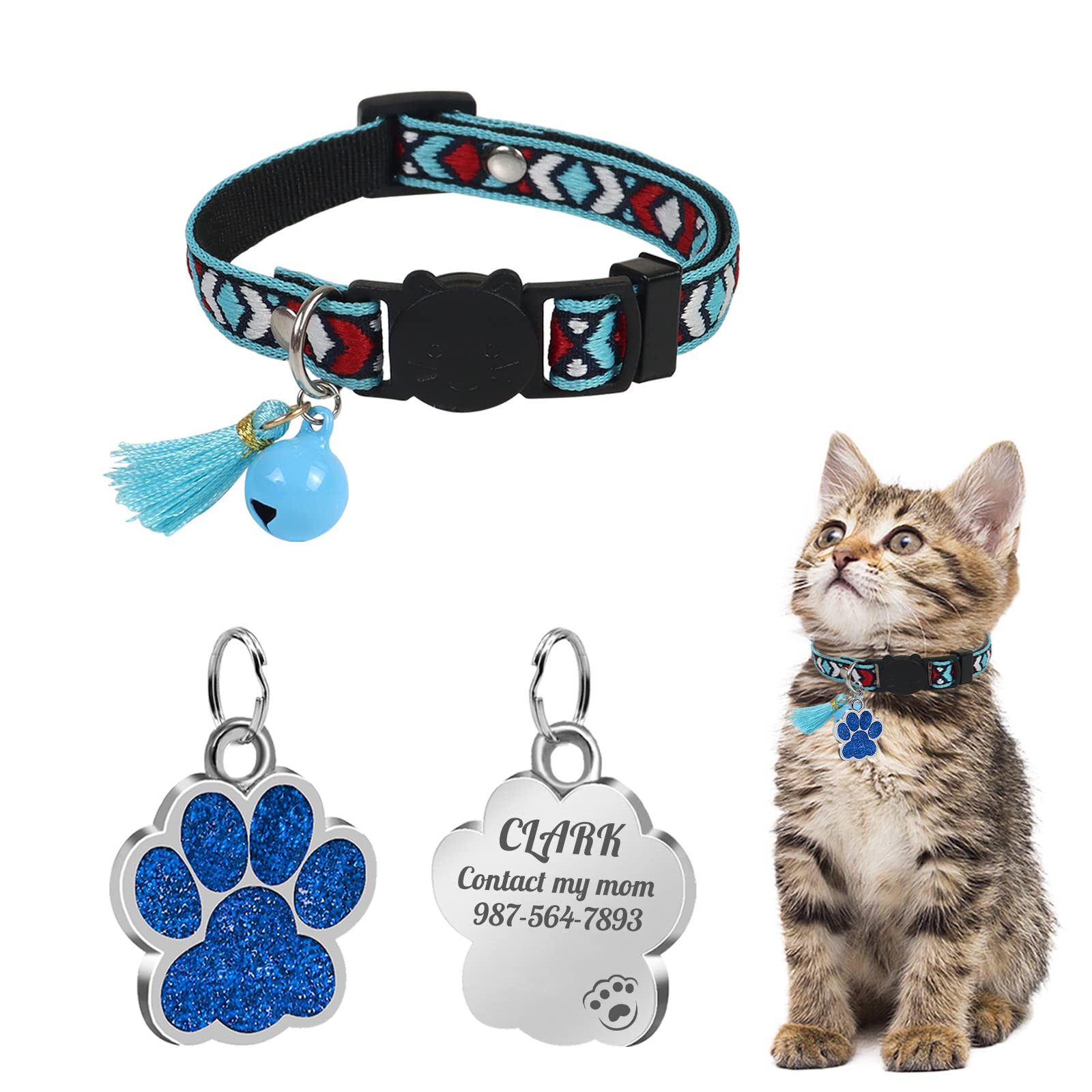 Uiopa Collar Gato con Chapas Personalizadas, Collar Gato Antiahogo con Campana y Borla, Collar Gato Personalizado para Gatitos y Perros Pequeños, Ajustable 20 a 30cm