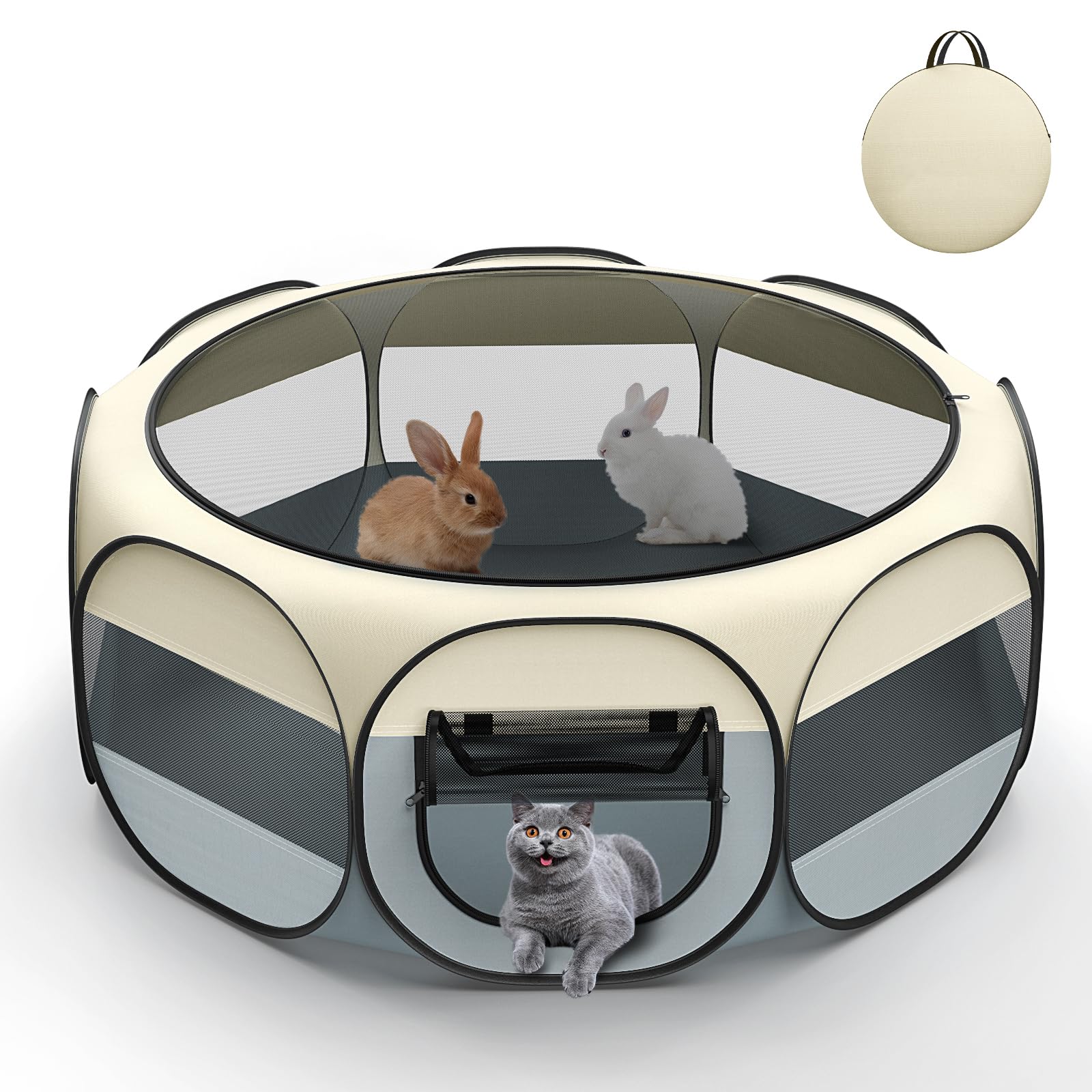 ハムスター サークル 八面仕様 Pawaboo ペットサークル 折りたたみ 小動物フェンス プレイサークル 猫 サークル ペット ゲージ 動物フレンドルーム 遊び用 屋外/屋内 飼育サークル 小動物用 ハリネズミ用 グレー＋オフホワイト
