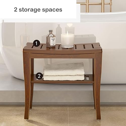 Miniatura 5 de SogesPower Banco de ducha de bambú, banco de baño, spa, asiento de ducha, estante de almacenamiento impermeable, Walut