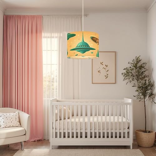 Miniatura 2 de Plug in Pendant Light Retro Futuristic Saucers Teal Sparkling Stars Hanging Lamp with Clear Cord Fabric Shade Dimmable Switch for Bedroom Kitchen