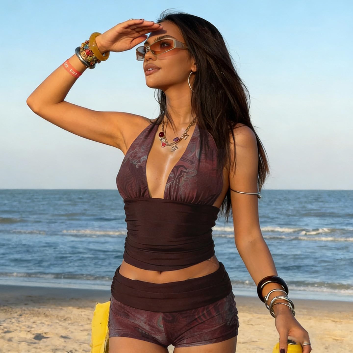THLAI Womens Boho Two Piece Marbled Print Halter Crop Top & Foldover Waist Shorts Set Beach Outfit