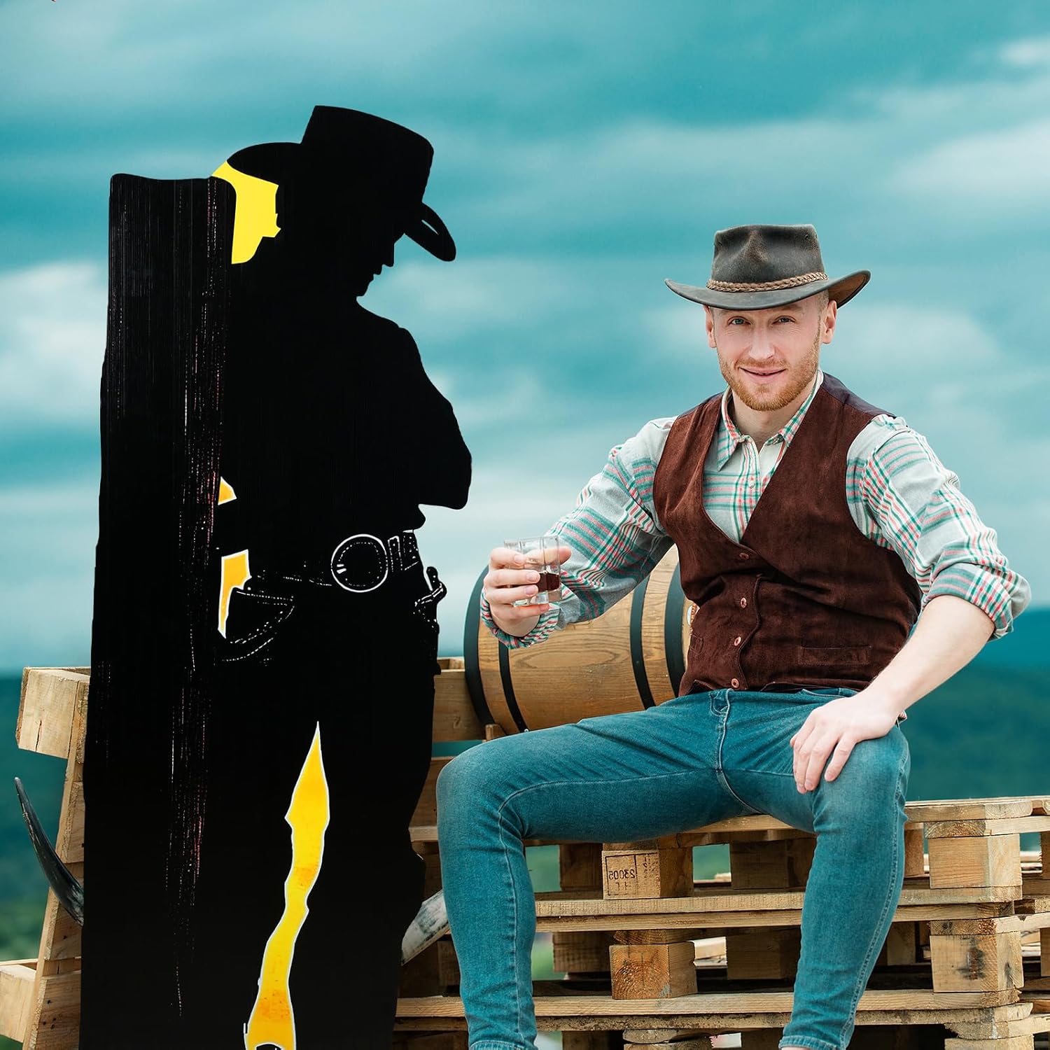Jetec 5.7 ft Cowboy Cardboard Cutout Stand up Life Size Western Cowboy Theme Party Decorations Backdrop Photo Prop Stand up Cardboard Cutout for Wild West Theme Birthday Retro Parties Supplies
