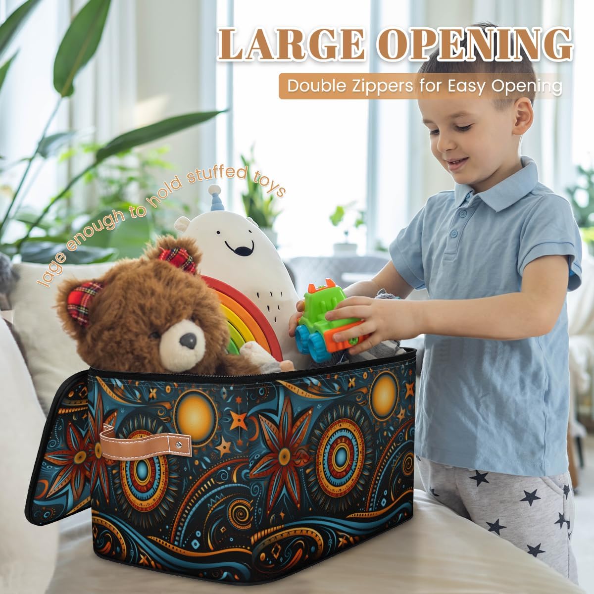 Storage Bin Set of 2 Ethnic Sun Moon Star Storage Basket with Zipper Lid & Handle Foldable Closet Shelf 2 Pack Cloth Organizer Basket Cube Bins Clothes Organizer for Bedroom, Nursery