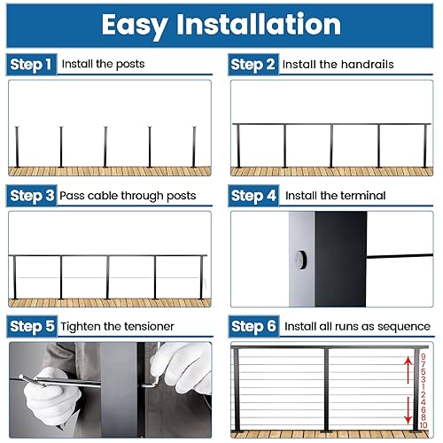 Miniatura 6 de Muzata Kit completo de barandilla de cable negro de 6 pies 6 pulgadas a 13 pies, sistema de barandilla de cable de 36 pulgadas para cubiertas con