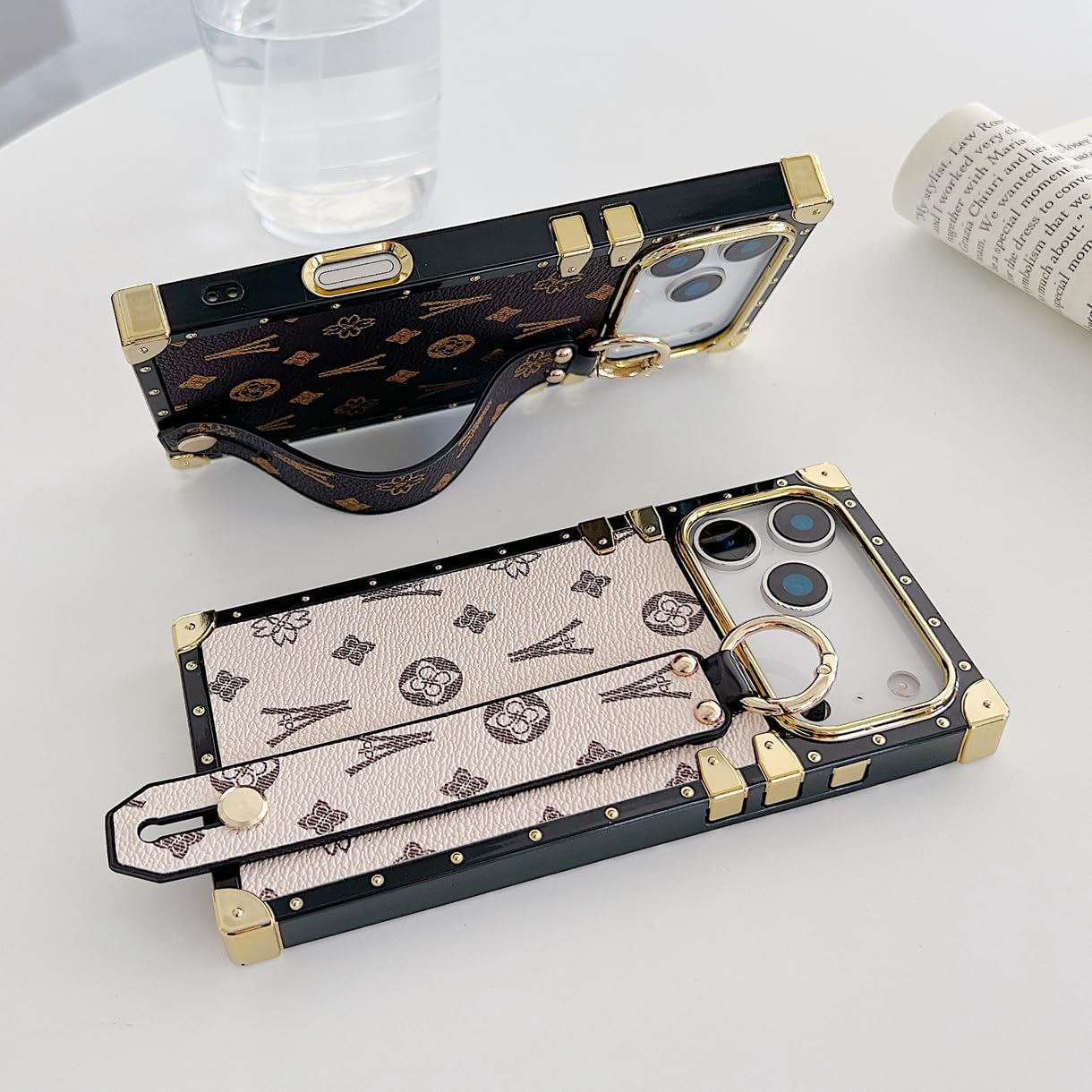 Compatible with iPhone 17 Pro Max Case Luxury Designer for Women Girls,Rectangle Leather with Wristband Strap Kickstand Holder Protective Cover for 17 Pro Max - 6.9 inch(Brown) - Image 3