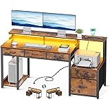 AODK 55 Inch Computer Desk with 3 Drawers and File Cabinet for Storage, Office Desk with Monitor Stand and LED Lights, Home Office Desks, Vintage