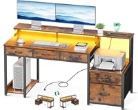 AODK 55 Inch Computer Desk with 3 Drawers and File Cabinet for Storage&comma; Office Desk with Monitor Stand and LED Lights&comma; Home Office Desks&comma; Vintage
