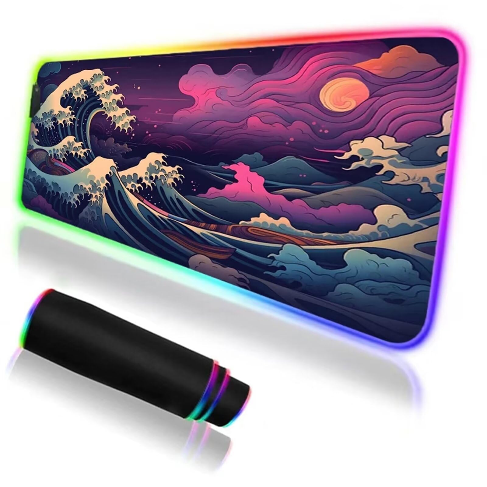 Alfombrilla de Ratón RGB 900x400x4mm XXL Grande Alfombrilla de ratón para Juegos LED 14 Efectos de Iluminación Alfombrilla Ratón Gaming para Gamers PC y Portátil, Las Olas del Mar